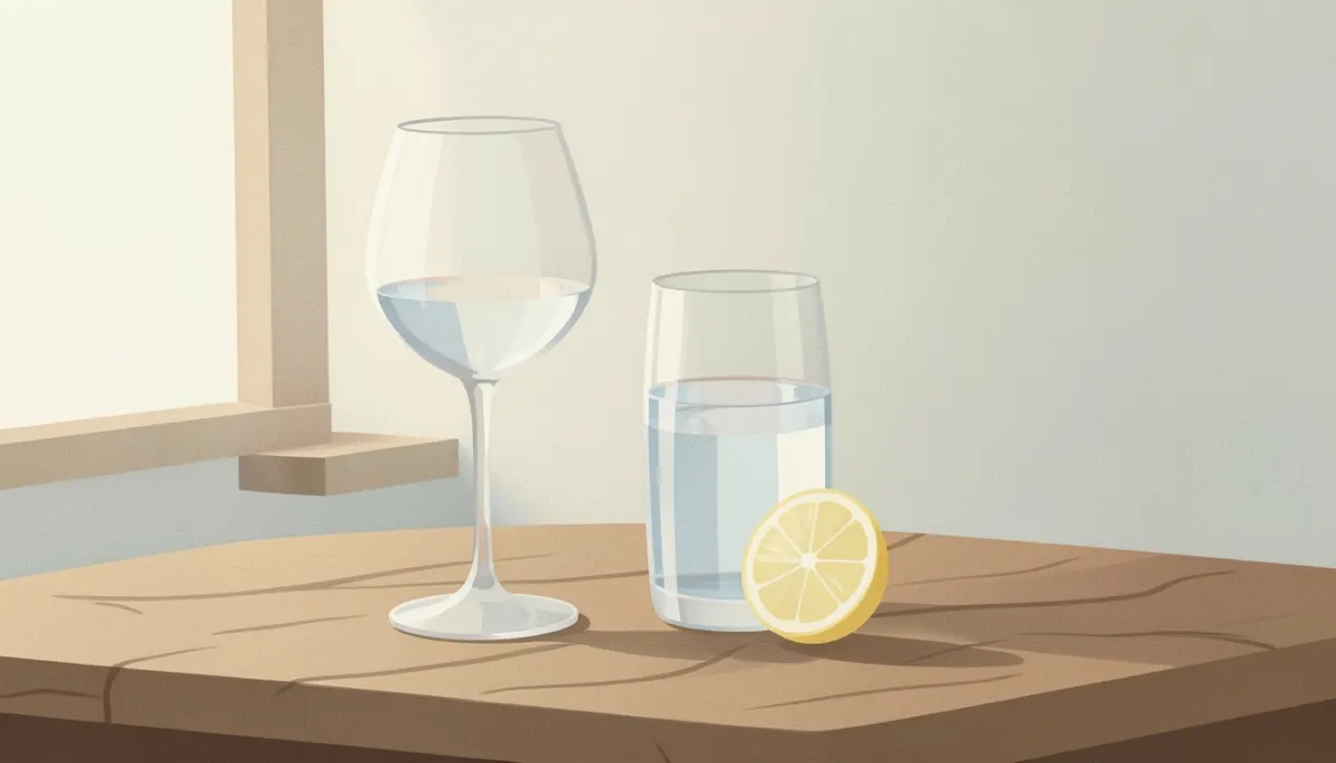 Ahşap masada yarım dolu şarap kadehi ve yanında limonlu bir bardak su
