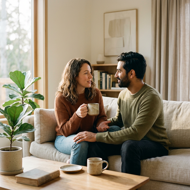 Karşılıklı anlayışla sorun çözen mutlu bir çift