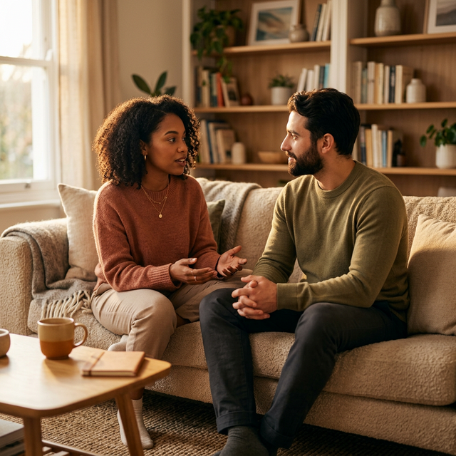 Karşılıklı anlayışla empatik şekilde dinleyen çift
